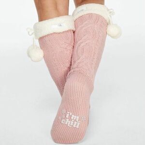 Victoria's Secret PINK OS Sherpa Lined Socks Cable Knit Knee High Pom Poms Pink